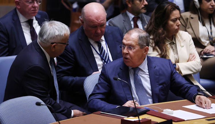 Russian foreign minister, Sergey Lavrov, with his deputy Sergey Vershinin at a meeting of the UN security council in September 2022.