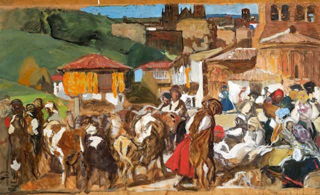 A Spanish scene in a town of people at market with cows.