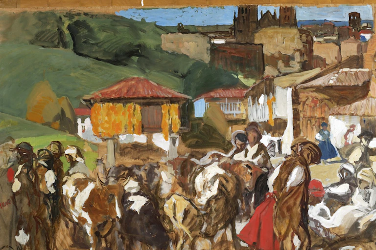 A Spanish scene in a town of people at market with cows.