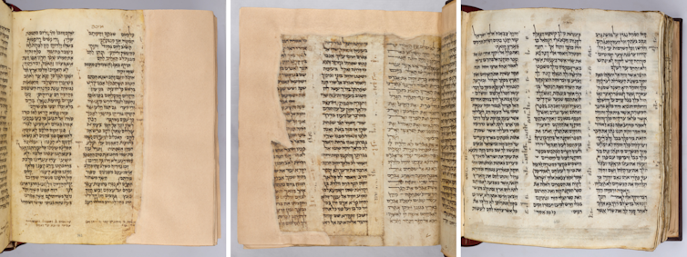 Tres fotografías de diferentes ejemplos del deterioro del Códice.