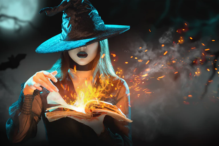 A witch with black hair, a witch hat and black lipstick turns the pages of a flaming book.