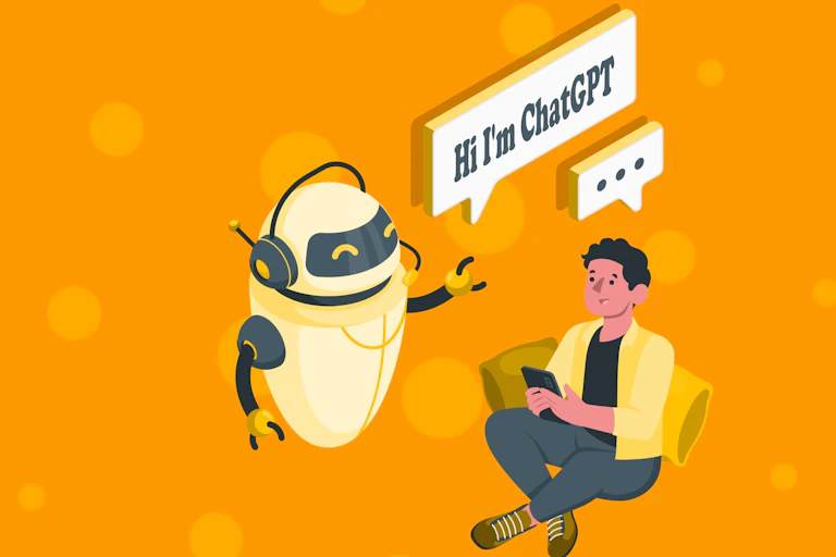 Illustration d'un petit robot parlant à un homme.