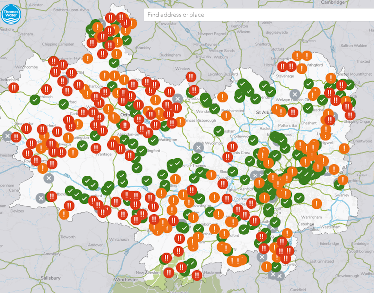 Map with red green and orange dots