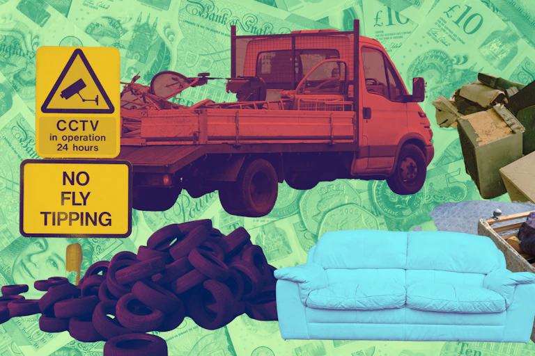 Fly-tipping sign and rubbish