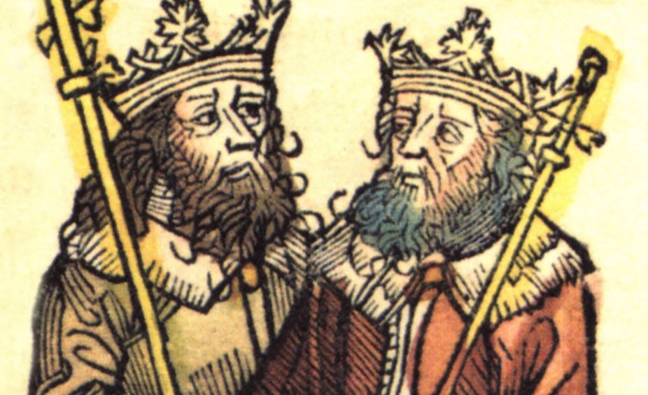A woodcut showing the two kings with beards in their crowns, looking at each other. 