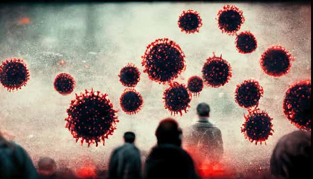 An illustration of people with coronaviruses above.