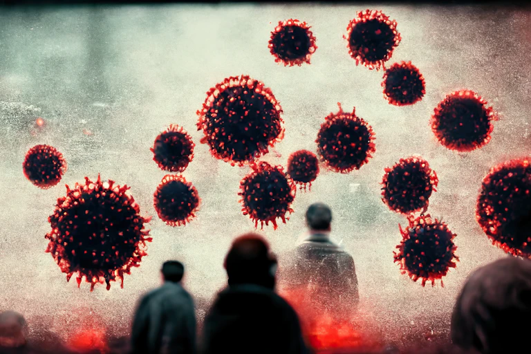 An illustration of people with coronaviruses above.