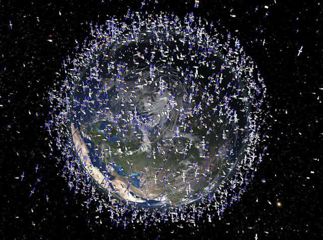 Illustration artistique du nombre considérable de satellites et de débris spatiaux en orbite aujourd'hui.