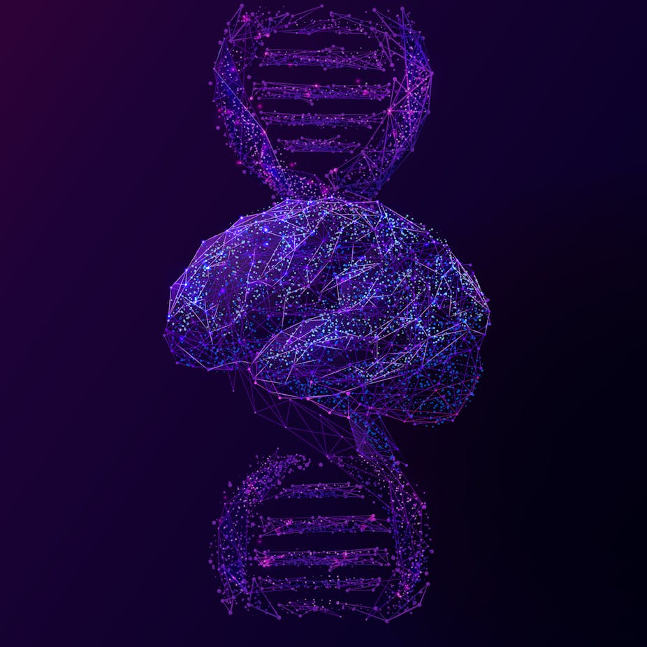 Illustration of purple gossamer brain superimposed over a DNA helix