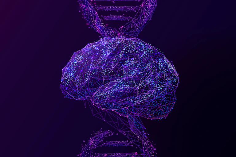 Illustration of purple gossamer brain superimposed over a DNA helix