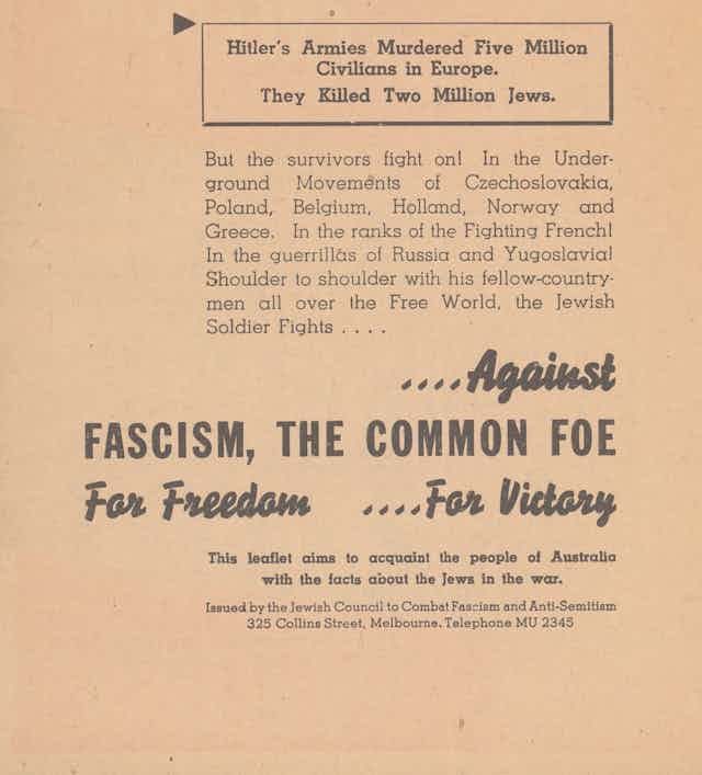 A 1944 leaflet from the Jewish Council to Combat Facism and Anti-Semitism.