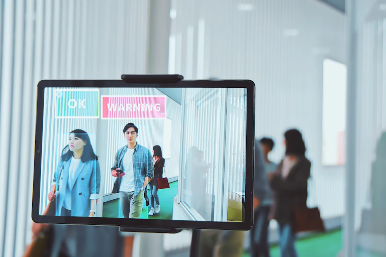 A screen mounted at an office entrance scanning people and displaying whether they are ok or not to come in