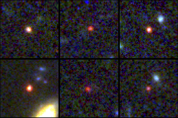Pixelated images of six reddish dots against dark backgrounds.