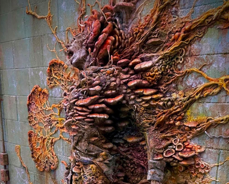 A prosthetic humanoid corpse against a brick wall, with orange bracket fungi growing from the skin and network-like yellow material spreading out from the body onto the wall.