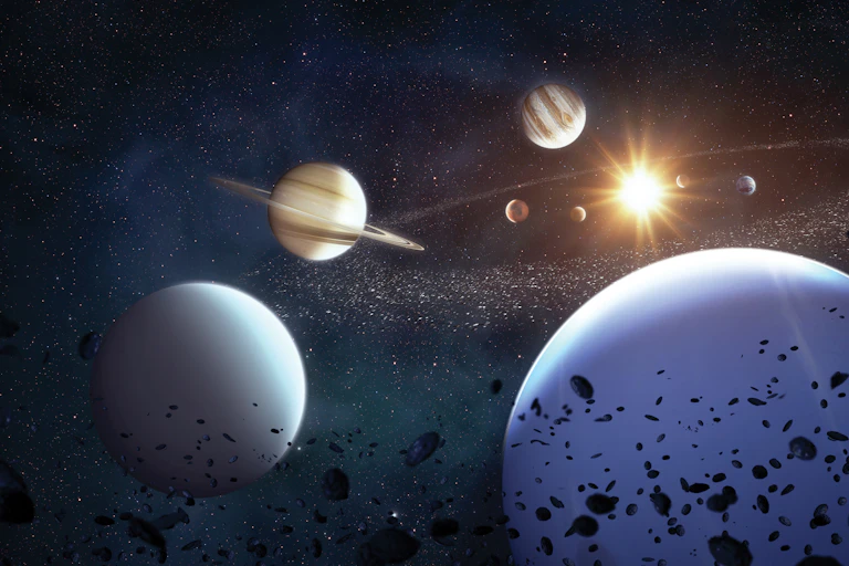 An illustration showing the eight planets of our solar system and the sun