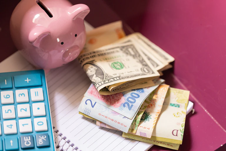 Hucha con billetes de peso argentino y dólar estadounidense