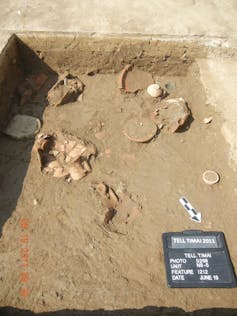 A square dig site in Egypt showing the rims of                  submerged pottery.