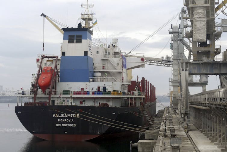 A grain carrier sailing under the flag of Monrovia prepares to depart the Black Sea port of Chornomorsk near Odesa, February 2023.
