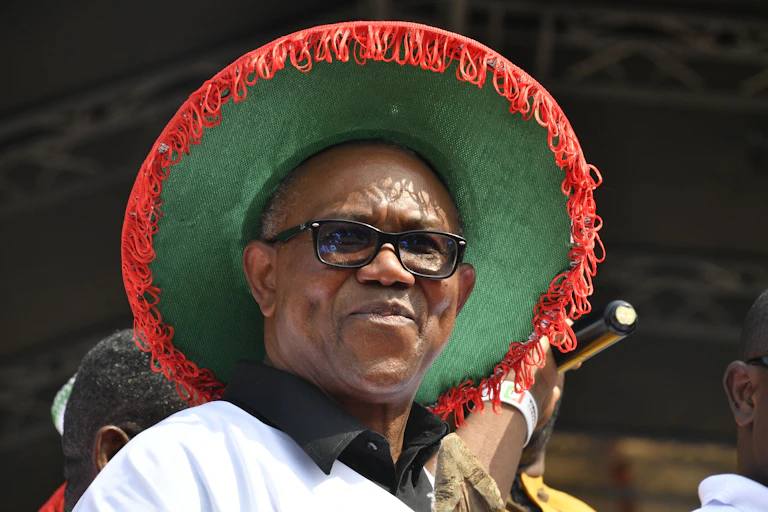 Head and shoulders view of a man wearing a wide-brimmed green hat fringed with red.