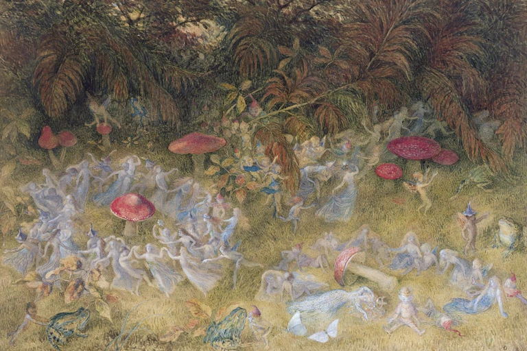 Pintura en la que las hadas bailan alrededor de setas.