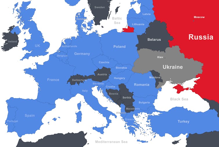 Mapa de la OTAN en Europa con Rusia y Transnistria en rojo.