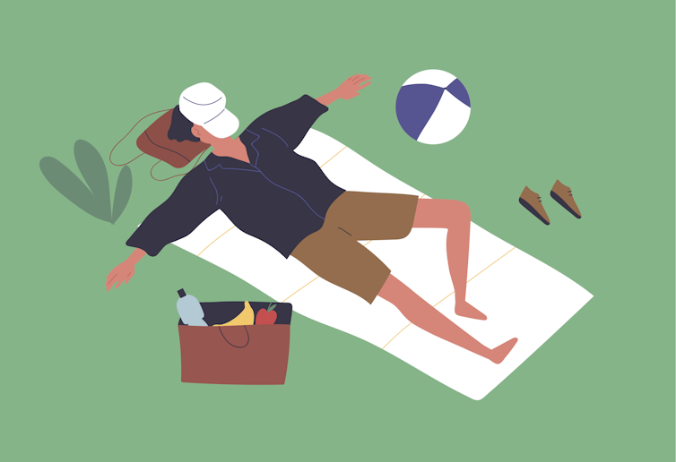 A drawing of man sleeping with a hat on his face in a park.