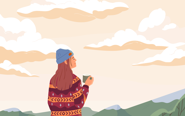An illustration woman looks at a landscape while holding a coffee.