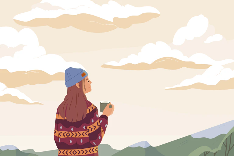 An illustration woman looks at a landscape while holding a coffee.