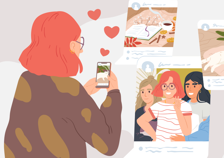 An illustration of a woman looking at her phone.