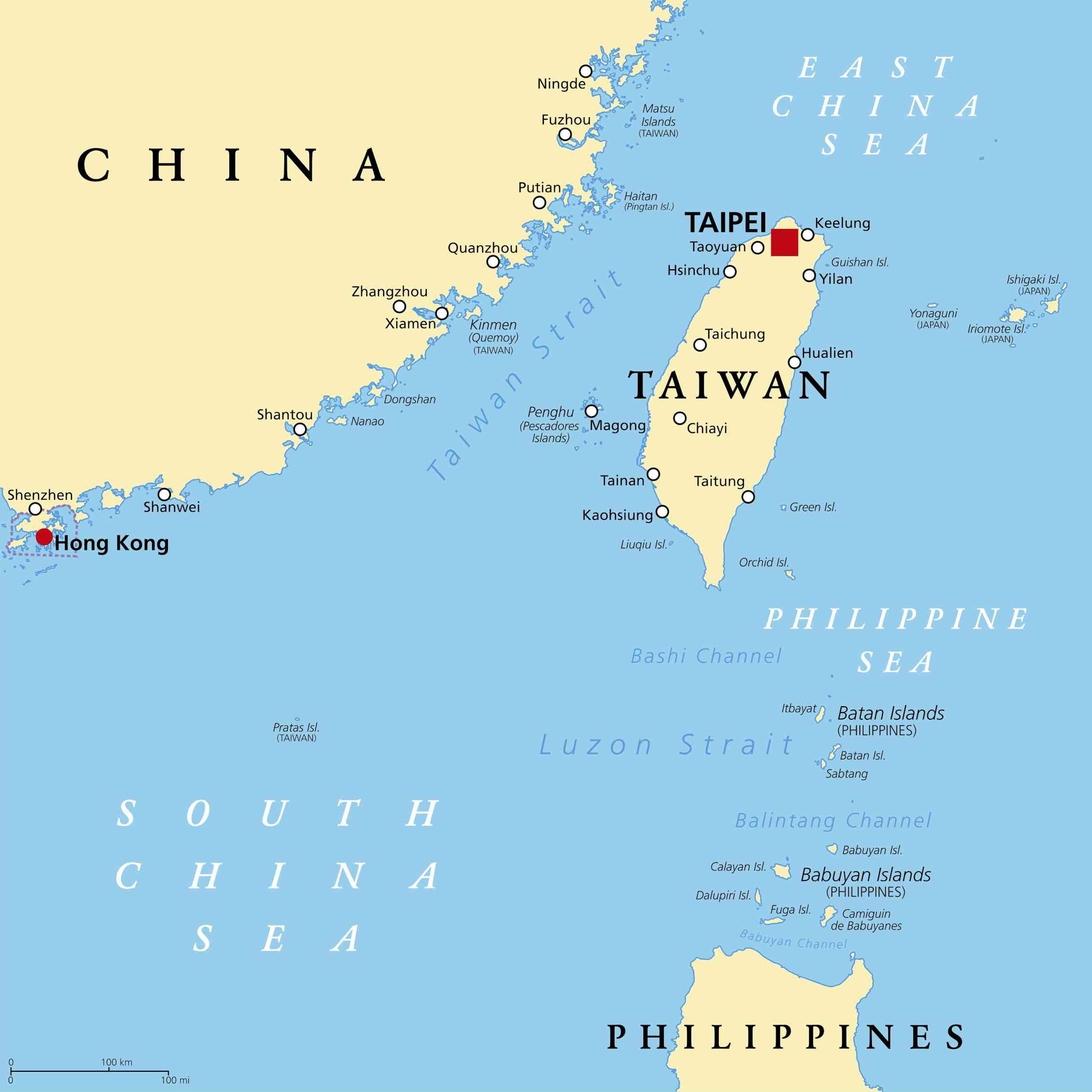 A blue and yellow map of China and Taiwan.