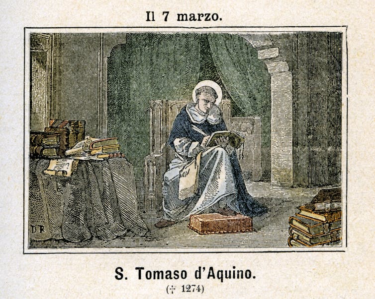 A colored engraving showing a man dressed in robes with a halo around his head, reading a book.