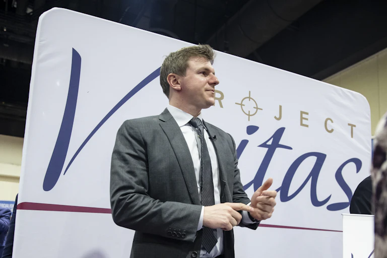 Man in gray suit, white shirt and gray tie stands next to a sign that says Project Veritas.