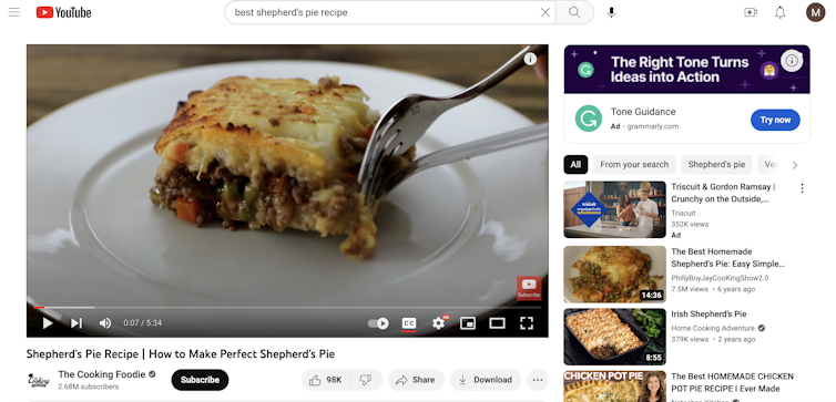 A screenshot shows a shepherd's pie with a fork in it on Youtube.