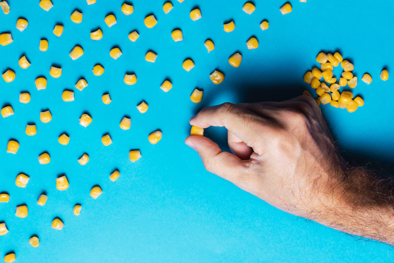 Man's hand arranging corn kernels in pattern