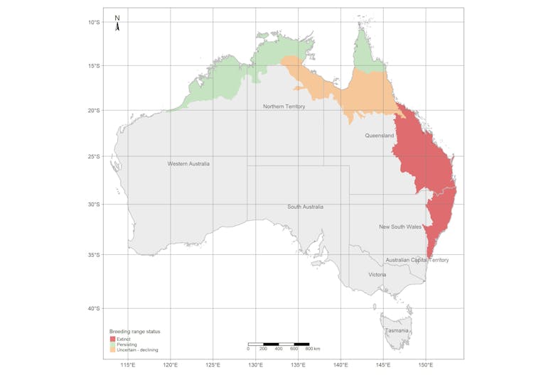 Map of Australia showing the distribution of the red goshawk within the various ecoregions