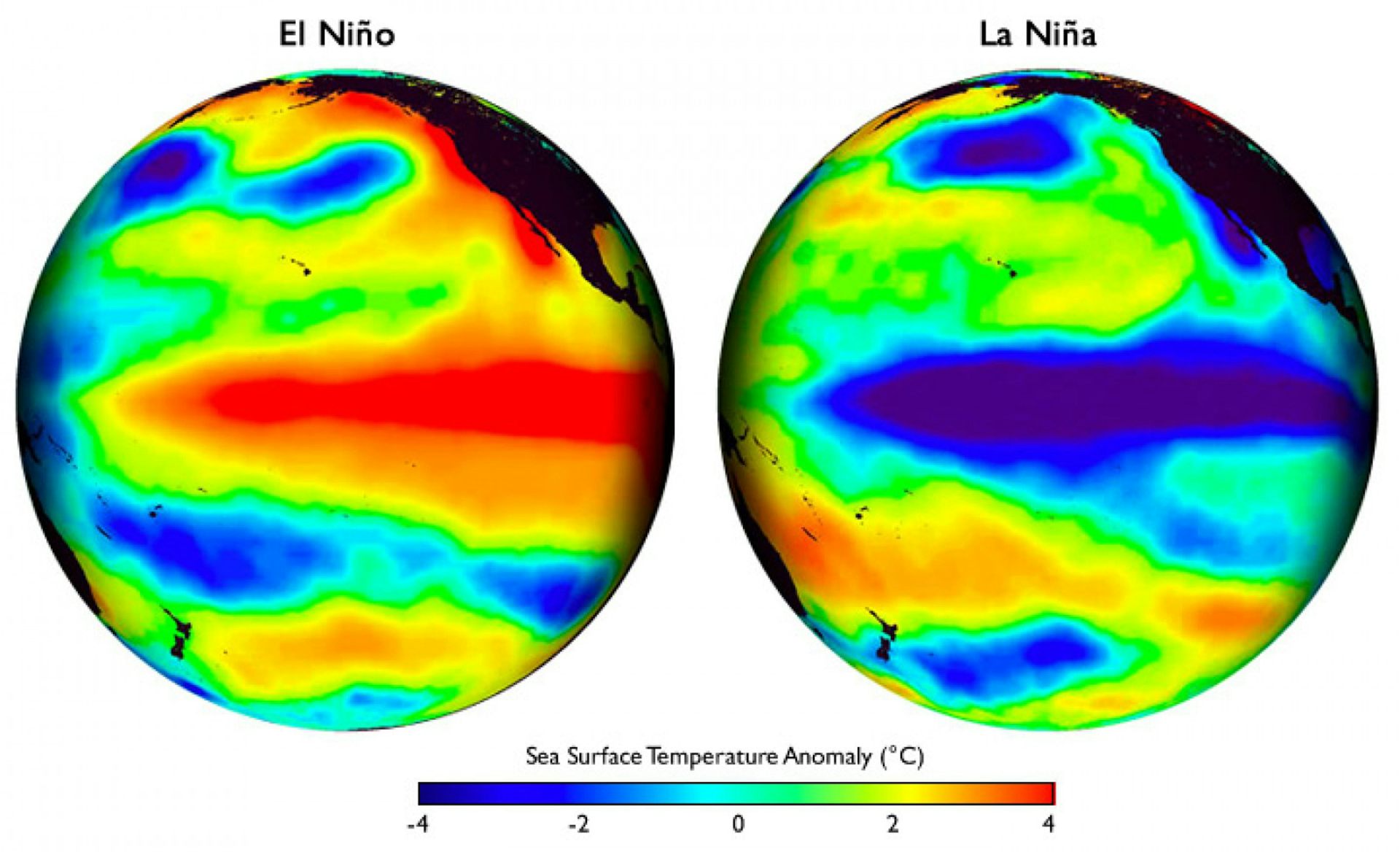 Um mapa termal mostrando as duas fases opostas da oscilação sul do El Niño.