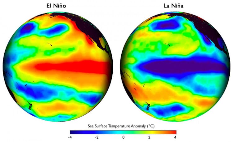 Um mapa termal mostrando as duas fases opostas da oscilação sul do El Niño.
