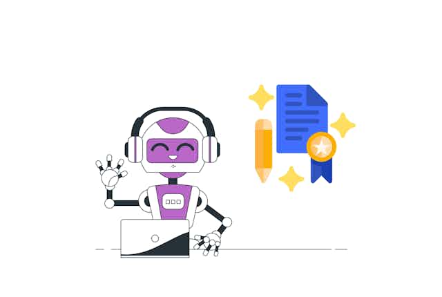 A drawing of a robot working with a computer and a certificate.