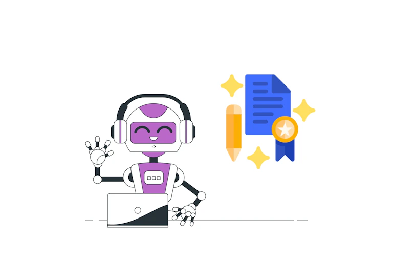 A drawing of a robot working with a computer and a certificate.
