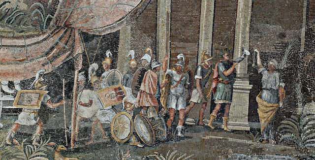A mosaic showing Hellenistic soldiers. 