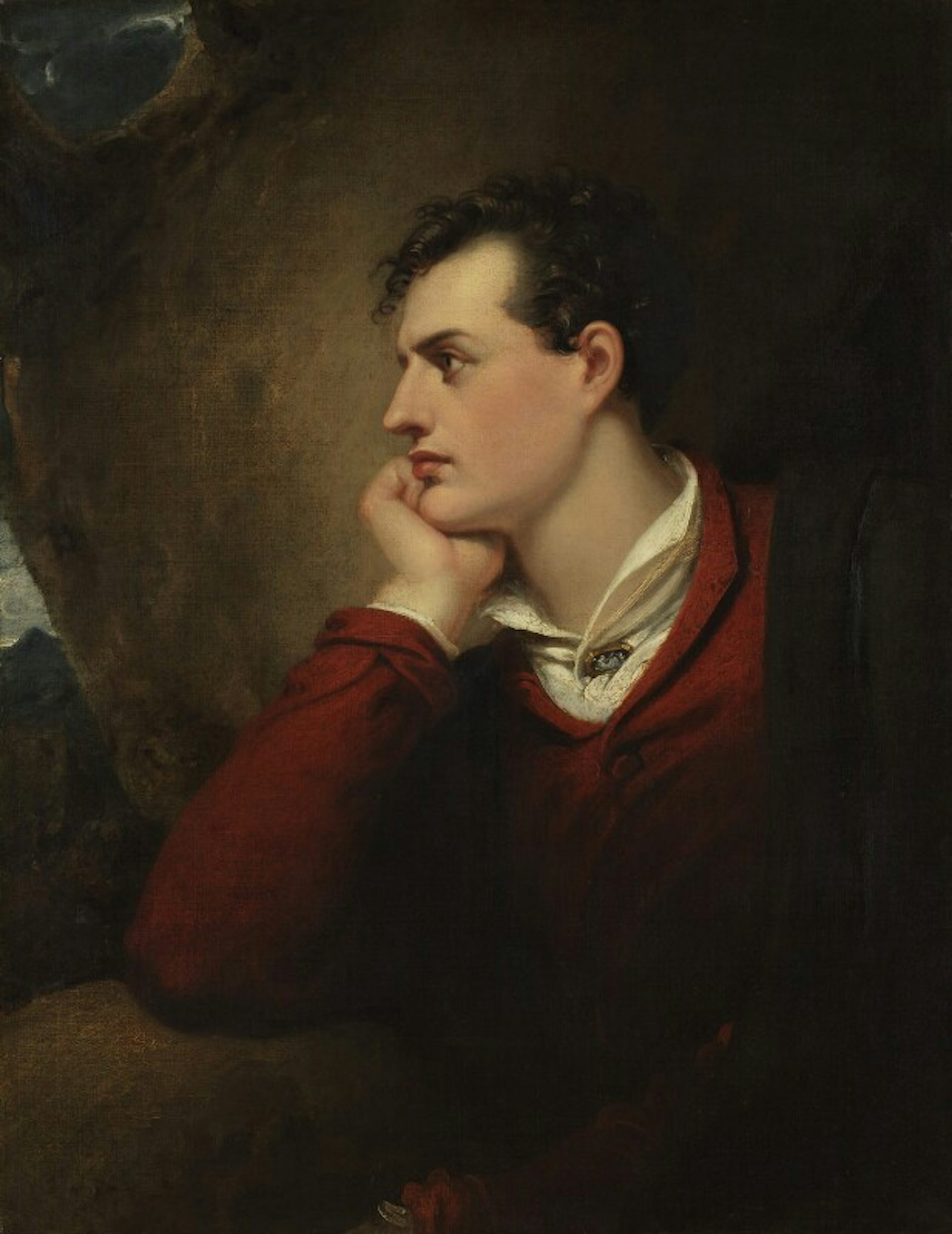 Image of oil painting of man in profile, head propped on hand, wearing red