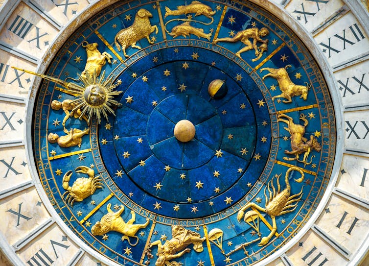 An ancient clock showing zodiac signs. An ancient clock showing zodiac signs.