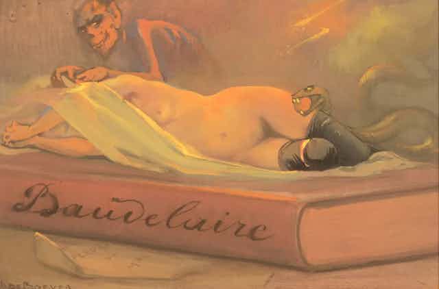 Dibujo de un demonio que tapa a una mujer desnuda sobre un libro de Baudelaire.
