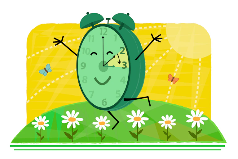 Against a sunny sky festooned with butterflies, a happy cartoon clock dances on a green lawn covered with flowers.
