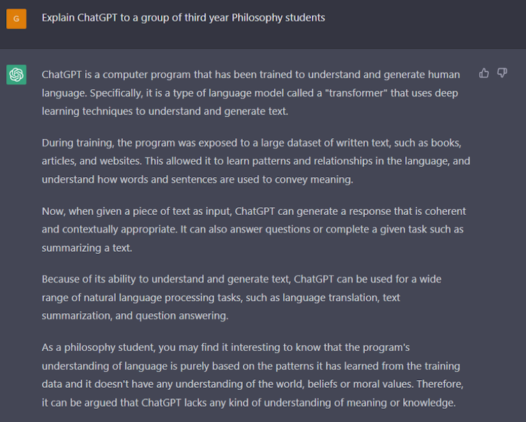 Screenshot showing a query explain ChatGPT to a group of third-year philosophy students.