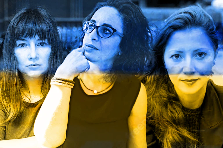 three women with the blue and white of the Ukranian flag laid over their faces
