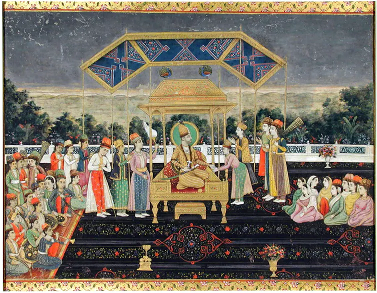 An ancient manuscript painting of a person on a throne surrounded by other people.