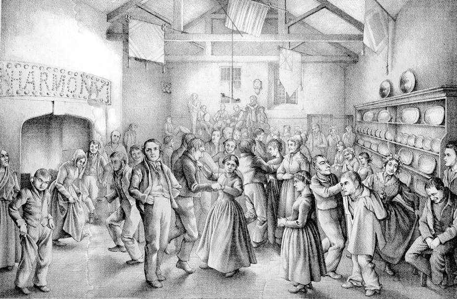 An illustration depicting asylum patients dancing at a ball in the Victorian era.