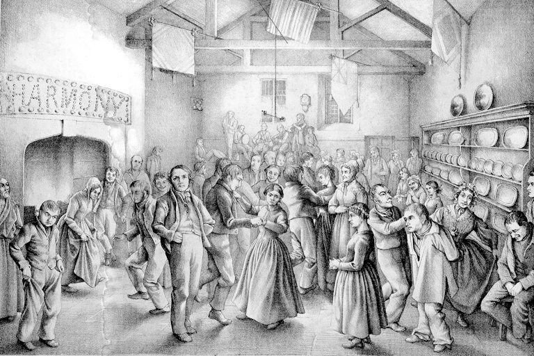 An illustration depicting asylum patients dancing at a ball in the Victorian era.