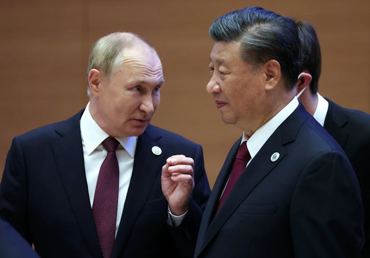 Vladimir Putin gestures as he speaks with Xi Jinping.